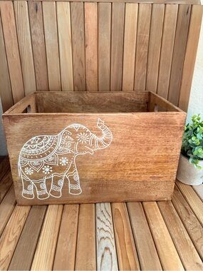 Boho Wooden Crate Elephant Motif, Rustic Acacia Wood Organizer Decor Box